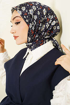 Çiçek Süslemeli Eşarp Lacivert - Başörtüsü