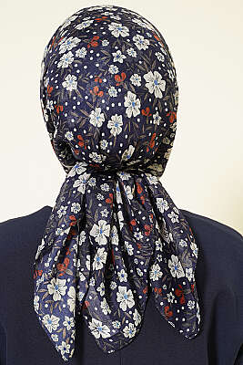 Çiçek Süslemeli Eşarp Lacivert - Başörtüsü
