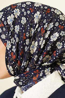 Çiçek Süslemeli Eşarp Lacivert - Başörtüsü