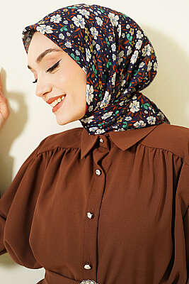 Çiçek Süslemeli Eşarp Lacivert Ekru - SİNEM EŞARP