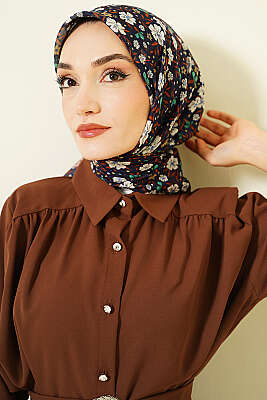 Çiçek Süslemeli Eşarp Lacivert Ekru - Başörtüsü