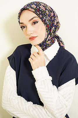 Çiçek Süslemeli Eşarp Lacivert Pembe - Başörtüsü