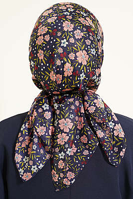 Çiçek Süslemeli Eşarp Lacivert Pembe - Başörtüsü