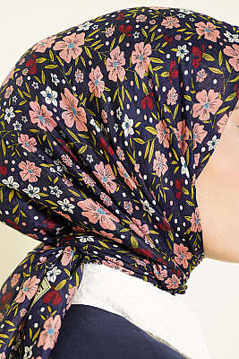 Çiçek Süslemeli Eşarp Lacivert Pembe - Başörtüsü