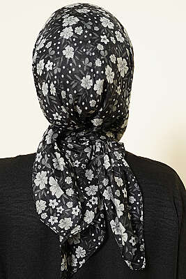 Çiçek Süslemeli Eşarp Siyah - Başörtüsü