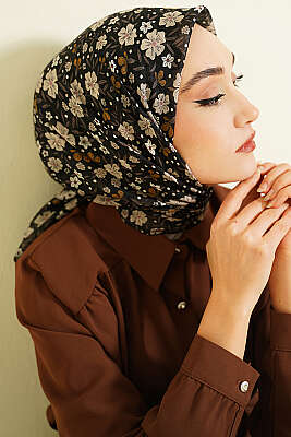 Çiçek Süslemeli Eşarp Siyah Bej - SİNEM EŞARP