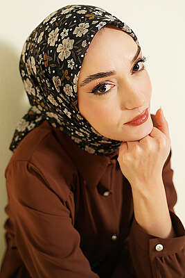 Çiçek Süslemeli Eşarp Siyah Bej - Başörtüsü