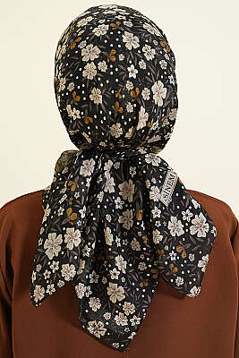 Çiçek Süslemeli Eşarp Siyah Bej - Başörtüsü