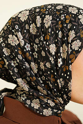 Çiçek Süslemeli Eşarp Siyah Bej - Başörtüsü