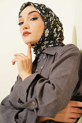 Çiçek Süslemeli Eşarp Siyah Ekru - SİNEM EŞARP