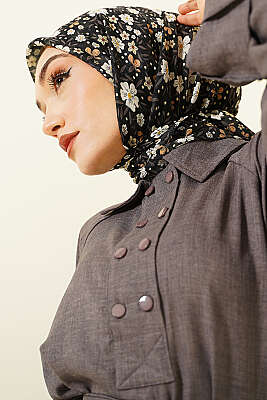 Çiçek Süslemeli Eşarp Siyah Ekru - Başörtüsü