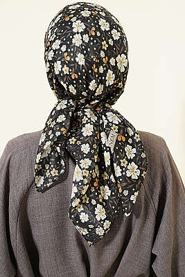 Çiçek Süslemeli Eşarp Siyah Ekru - Başörtüsü
