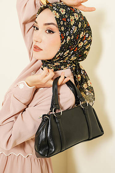 Çiçek Süslemeli Eşarp Siyah Sarı - Başörtüsü