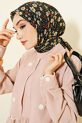 Çiçek Süslemeli Eşarp Siyah Sarı - Başörtüsü