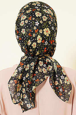 Çiçek Süslemeli Eşarp Siyah Sarı - Başörtüsü