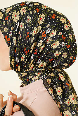 Çiçek Süslemeli Eşarp Siyah Sarı - Başörtüsü