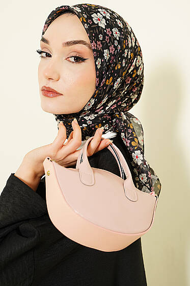 Çiçek Süslemeli Eşarp Siyah Taş - Başörtüsü