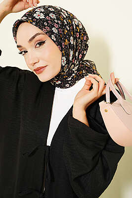 Çiçek Süslemeli Eşarp Siyah Taş - Başörtüsü