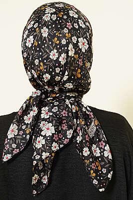 Çiçek Süslemeli Eşarp Siyah Taş - Başörtüsü