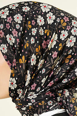 Çiçek Süslemeli Eşarp Siyah Taş - Başörtüsü