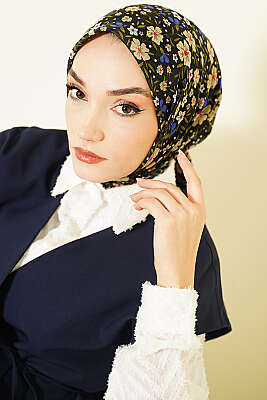 Çiçek Süslemeli Eşarp Siyah Yeşil - Başörtüsü