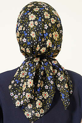 Çiçek Süslemeli Eşarp Siyah Yeşil - Başörtüsü