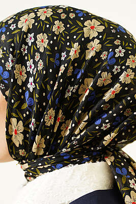 Çiçek Süslemeli Eşarp Siyah Yeşil - Başörtüsü