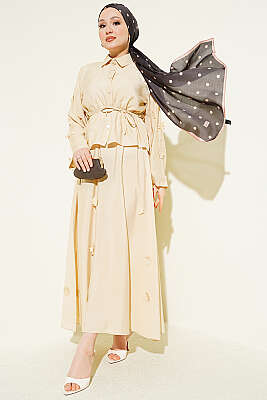 Çiçek Süslemeli Etekli İkili Takım Bej - ASME