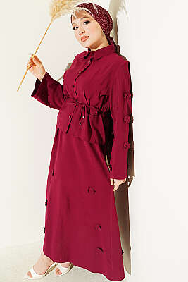 Çiçek Süslemeli Etekli İkili Takım Bordo - ASME