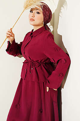 Çiçek Süslemeli Etekli İkili Takım Bordo - İkili Takım