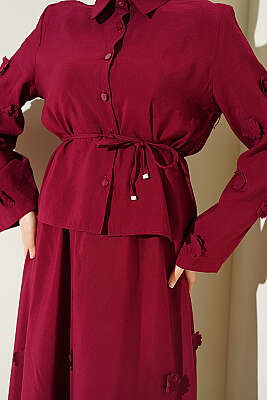 Çiçek Süslemeli Etekli İkili Takım Bordo - İkili Takım