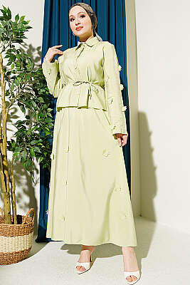 Çiçek Süslemeli Etekli İkili Takım Çağla Yeşili - İkili Takım