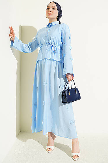 Çiçek Süslemeli Etekli İkili Takım Mavi - İkili Takım