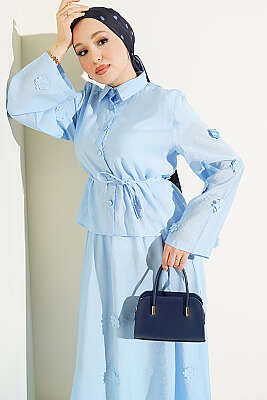 Çiçek Süslemeli Etekli İkili Takım Mavi - İkili Takım