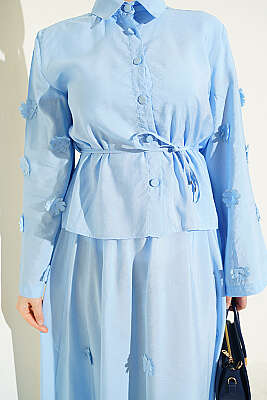 Çiçek Süslemeli Etekli İkili Takım Mavi - İkili Takım