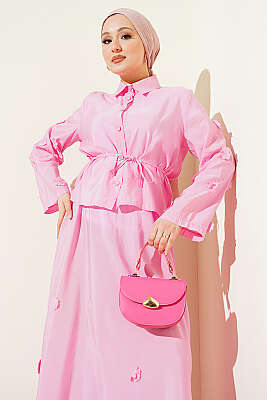 Çiçek Süslemeli Etekli İkili Takım Pembe - ASME