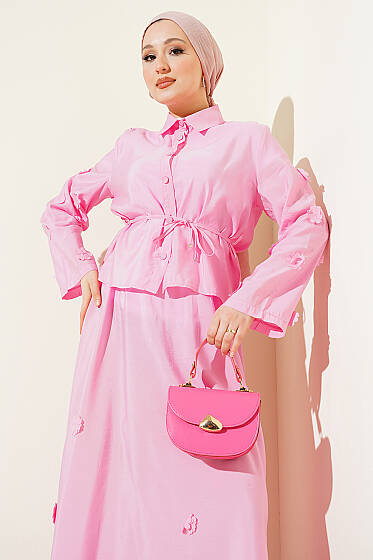 Çiçek Süslemeli Etekli İkili Takım Pembe - İkili Takım