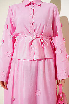 Çiçek Süslemeli Etekli İkili Takım Pembe - İkili Takım