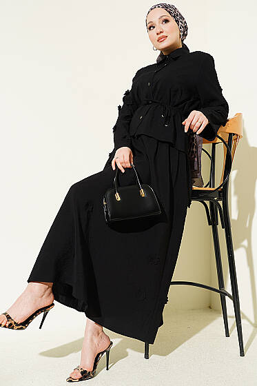 Çiçek Süslemeli Etekli İkili Takım Siyah - İkili Takım