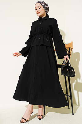 Çiçek Süslemeli Etekli İkili Takım Siyah - İkili Takım