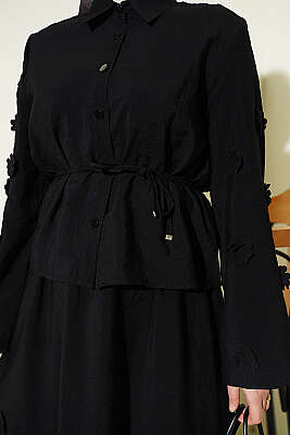 Çiçek Süslemeli Etekli İkili Takım Siyah - İkili Takım