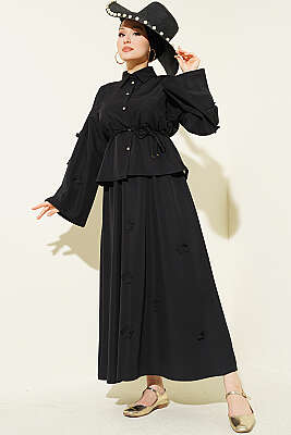 Çiçek Süslemeli İp Bağcıklı Etekli İkili Takım Siyah - İkili Takım