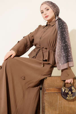 Çiçek Süslemeli Tensel Etekli Takım Kahve - İkili Takım