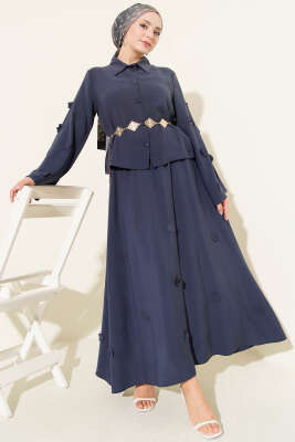 Çiçek Süslemeli Tensel Etekli Takım Lacivert - TABLO FASHİON