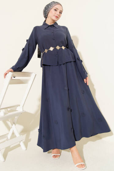 Çiçek Süslemeli Tensel Etekli Takım Lacivert - İkili Takım