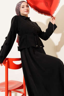 Çiçek Süslemeli Tensel Etekli Takım Siyah - İkili Takım