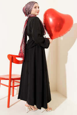 Çiçek Süslemeli Tensel Etekli Takım Siyah - İkili Takım