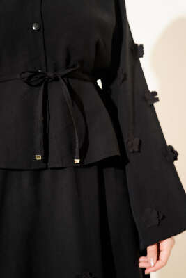 Çiçek Süslemeli Tensel Etekli Takım Siyah - İkili Takım