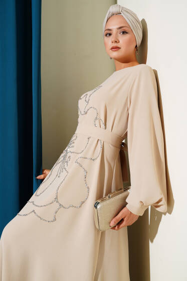 Çiçek Taş Süslemeli Abiye Elbise Bej - Abiye Elbise