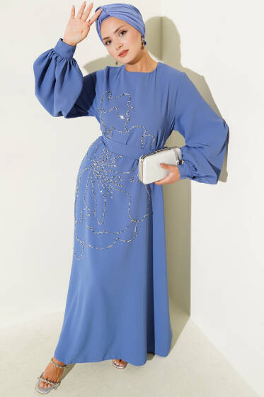 Çiçek Taş Süslemeli Abiye Elbise Indıgo - Abiye Elbise